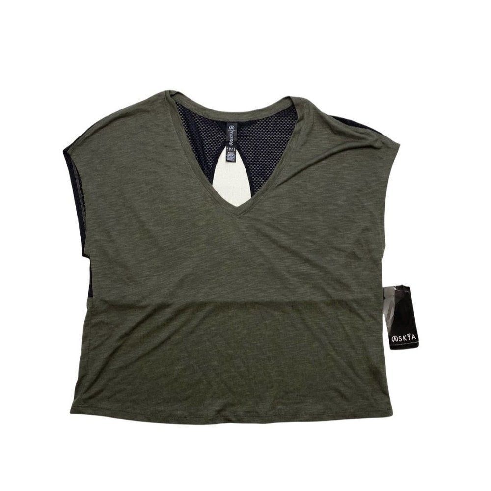 ASKYA Olive Green Black Keyhole Mesh‎ Back Top Large NEW